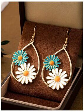 Earrings Double Daisy Teardrop Bohemian Flower Power Enamel Hippie Chic Inspired